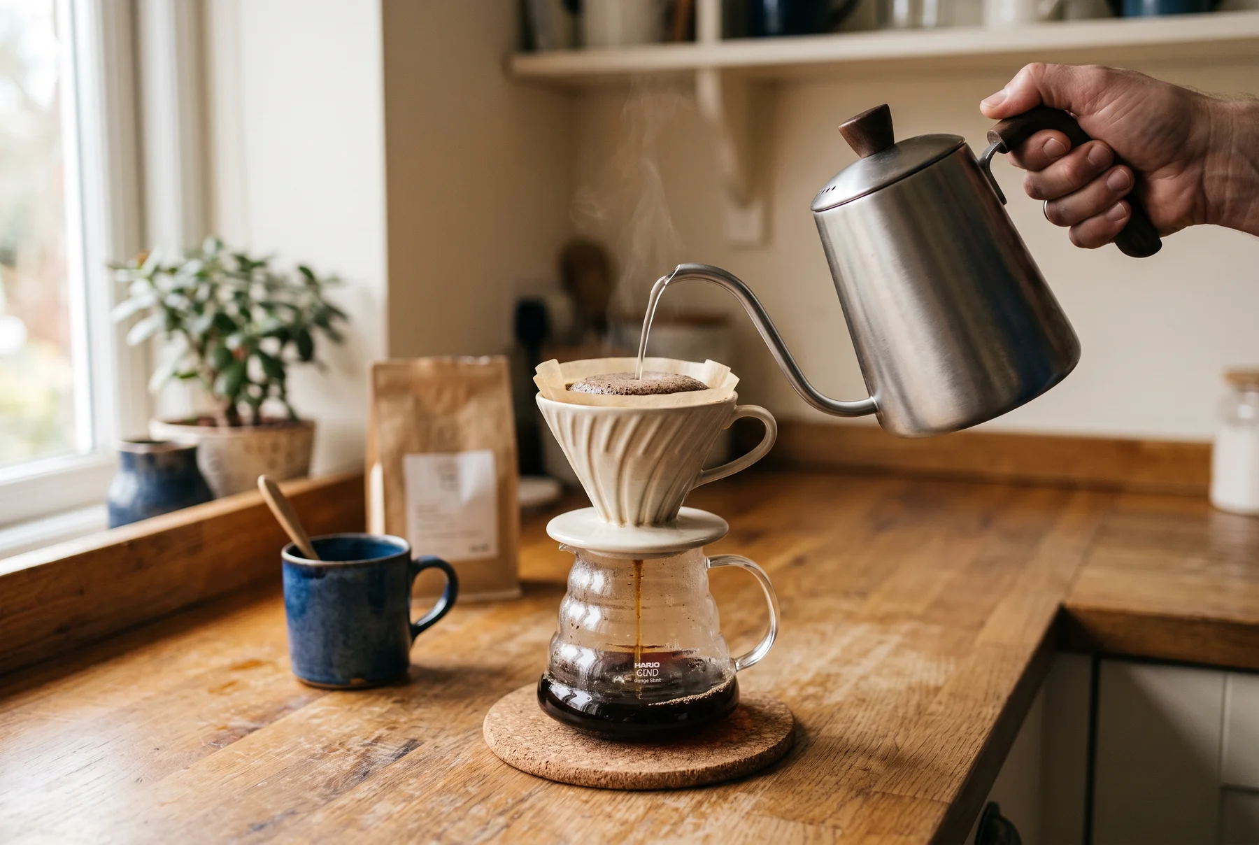 Illustration von frisch aufgebrühtem Kaffee in einer ruhigen Küche