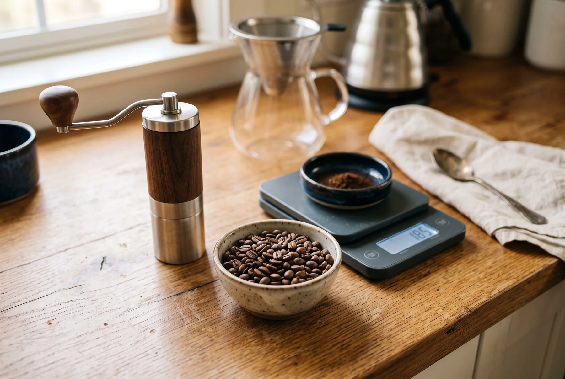 Illustration eines einzelnen Handfilters mit Kaffeewaage und Kanne auf einer Küchenarbeitsplatte