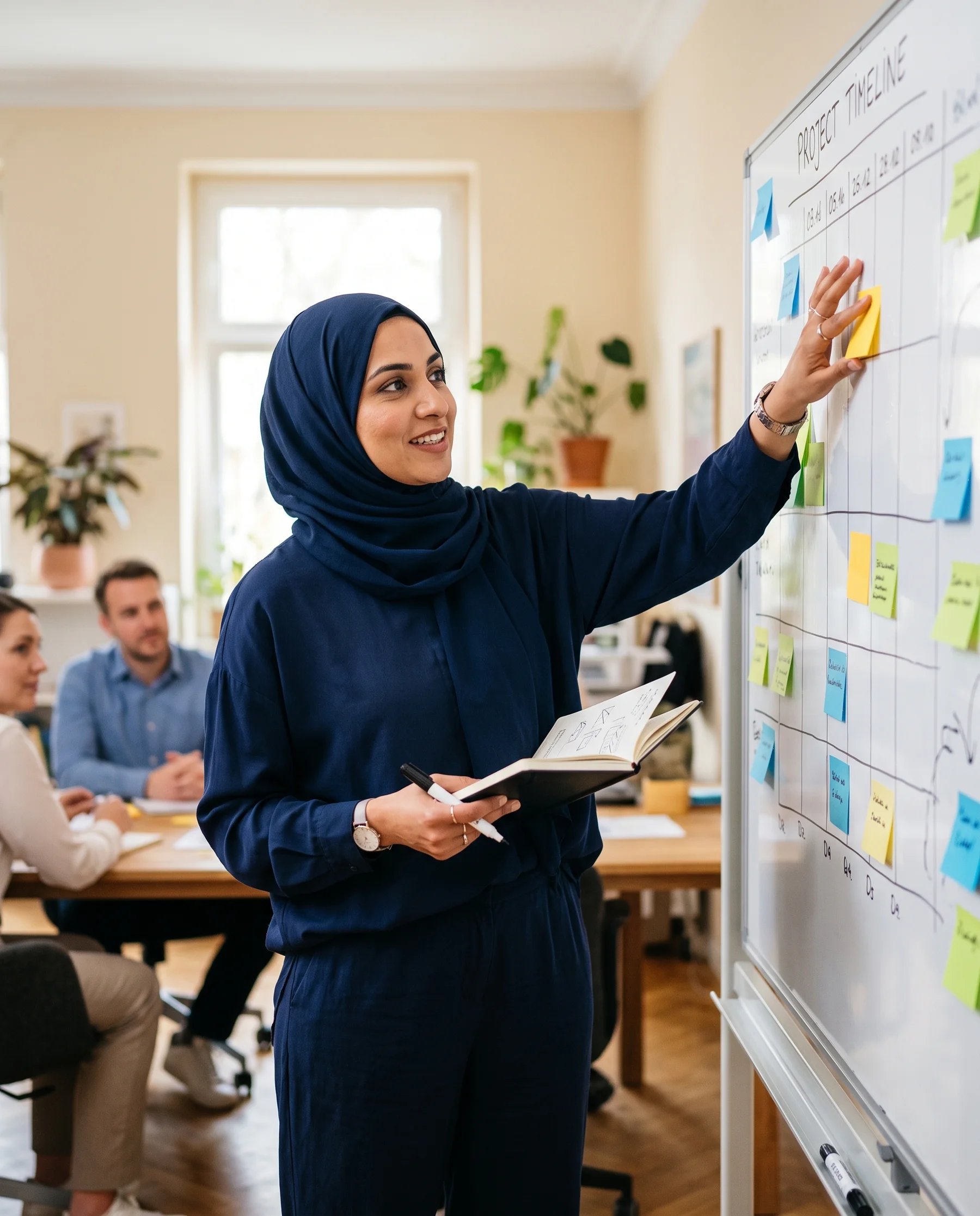 Illustrative Szene: Eine Frau mit Kopftuch und offenem Gesicht bespricht mit Kollegen einen Projektplan an einer Aufgabenwand.