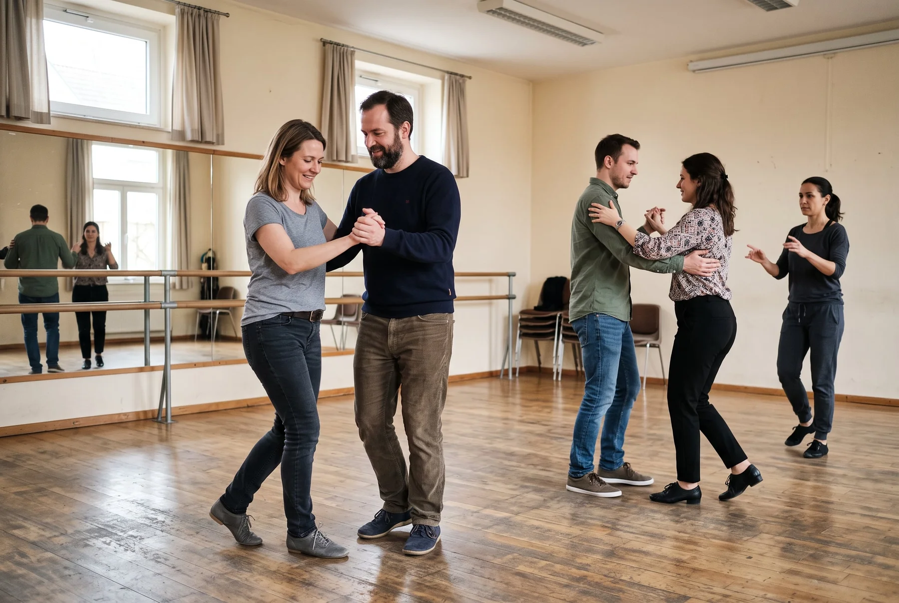 Illustration einer Gruppe erwachsener Anfänger in einem hellen Tanzstudio