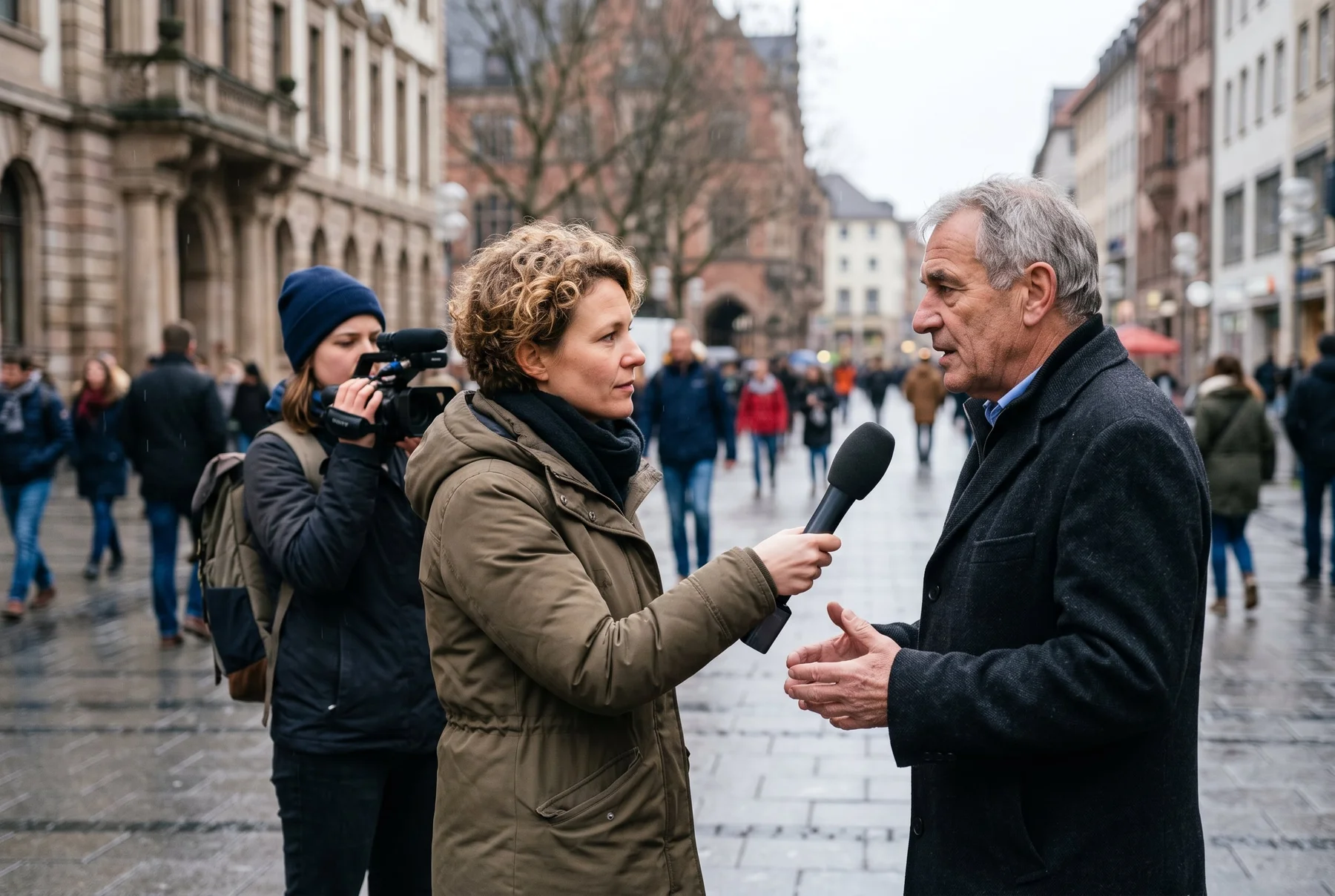 Fiktive Journalistin nimmt draußen ein Interview mit kompaktem Audio-Setup und Kamerateam auf.
