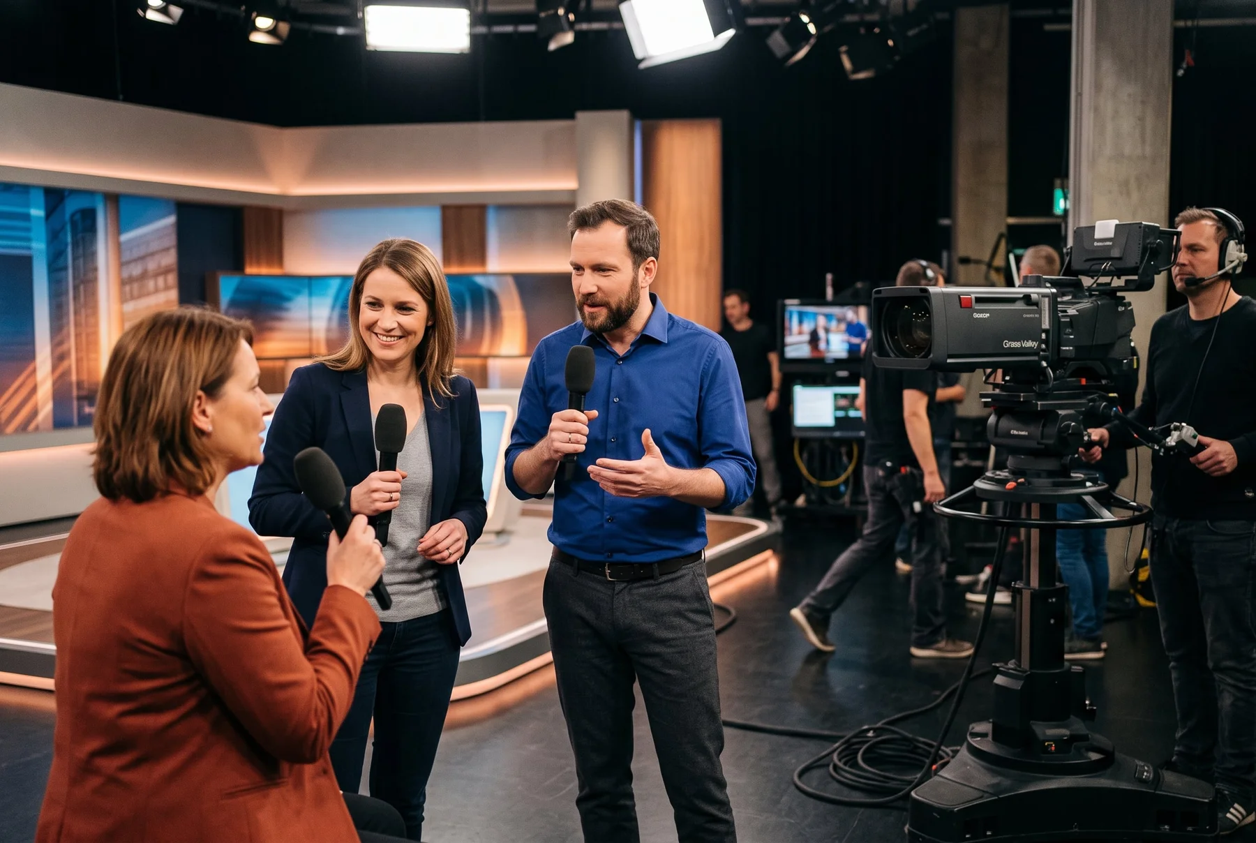 Fiktives Moderationsteam interviewt einen Gast mit Mikrofonen vor einer Studiokamera.